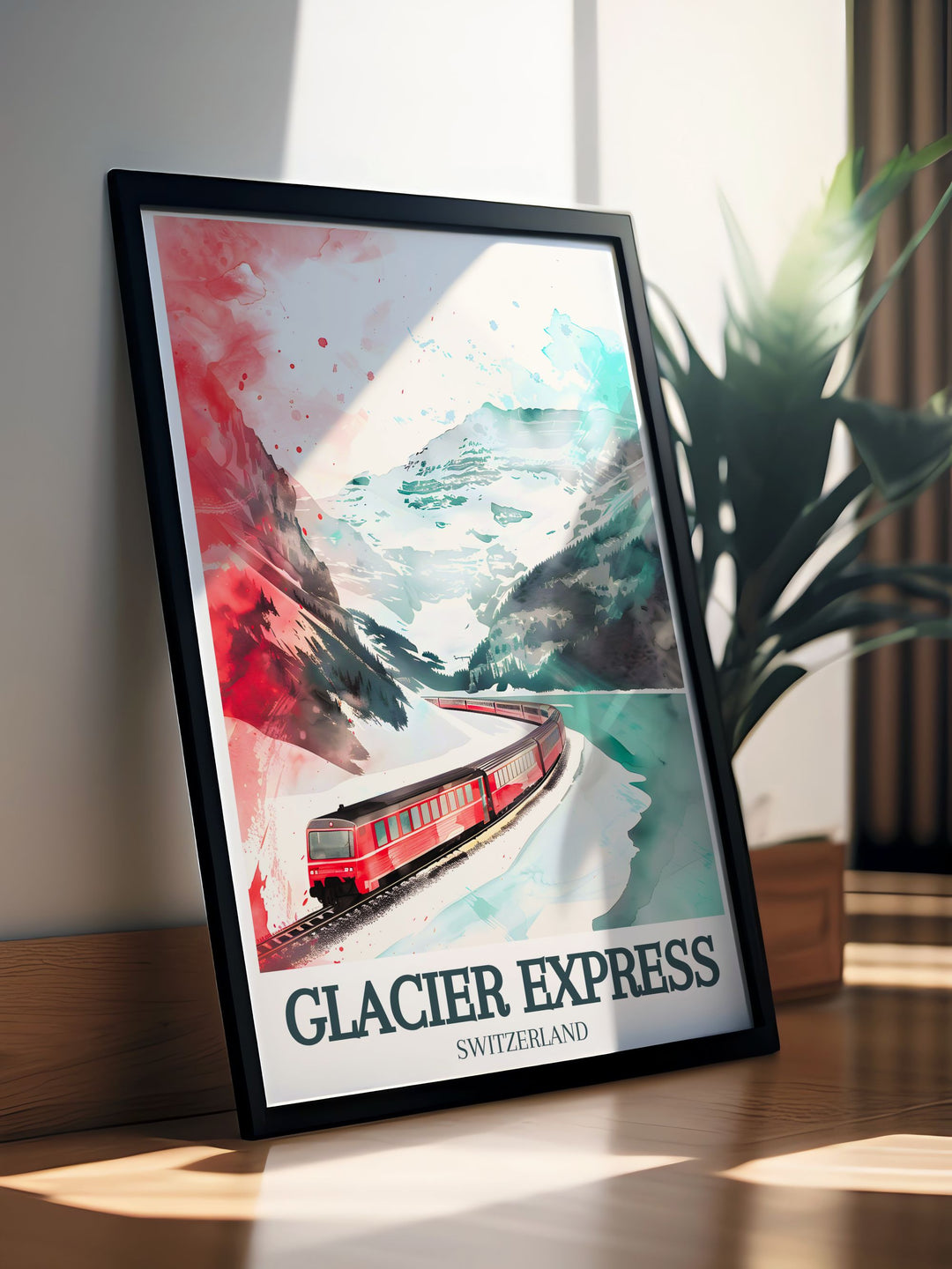 Experience the Glacier Express train Oberalp Pass with our stunning travel art print featuring the majestic landscapes of the Swiss Alps an ideal addition to your collection of art and collectibles