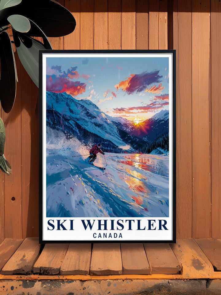 Whistlers iconic ski slopes are the focus of this art print, capturing the essence of Canadas premier ski destination. Perfect for ski enthusiasts, this travel poster brings the joy of winter sports and the beauty of nature into any space.