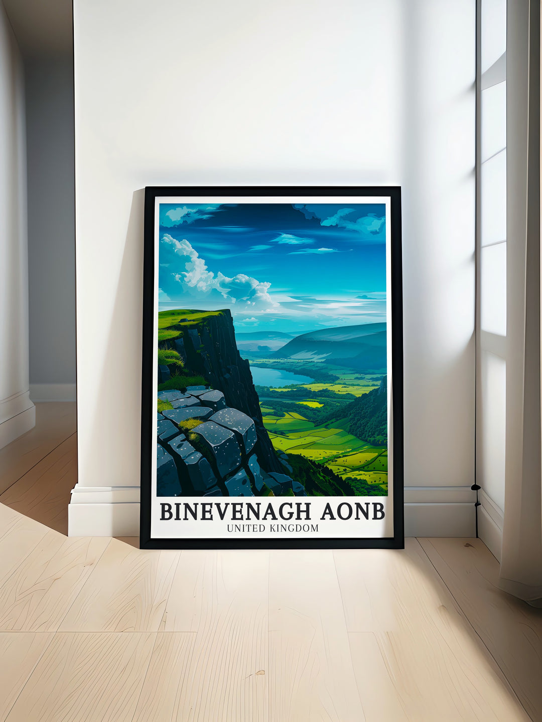 Binevenagh National Landscape Antrim basalt plateau art print showcasing the rugged beauty of Northern Ireland featuring the dramatic cliffs of Binevenagh Mountain perfect for adding a touch of nature to any living space