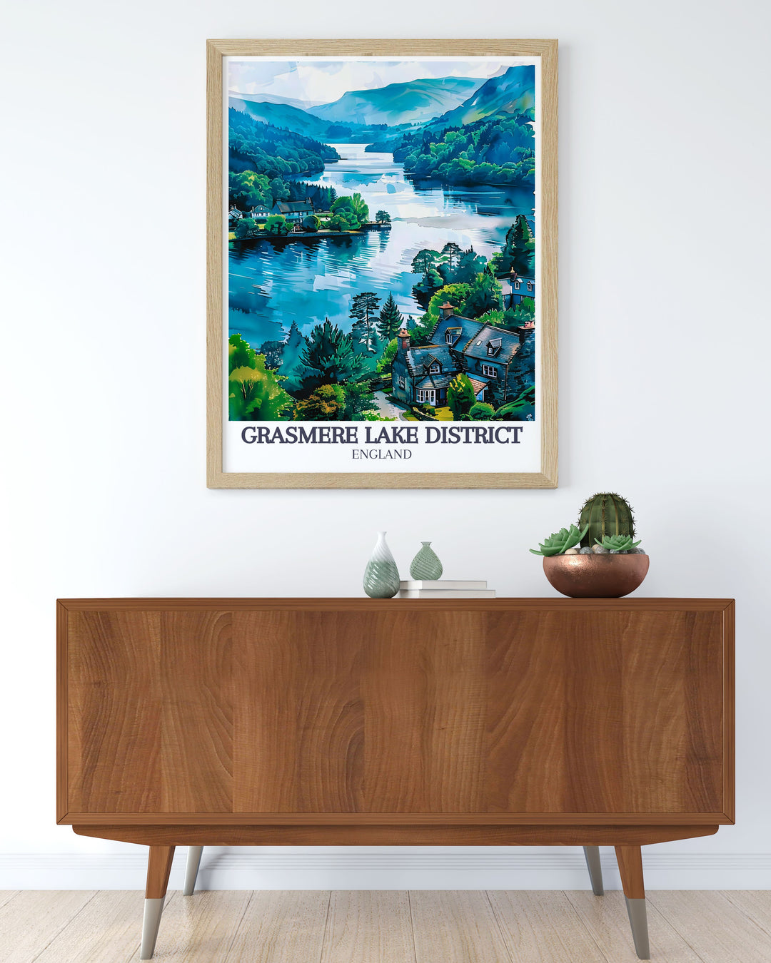 Highlighting the picturesque Grasmere Lake and the quaint village, this poster captures the essence of the Lake District, England, making it a great addition for nature and history lovers.