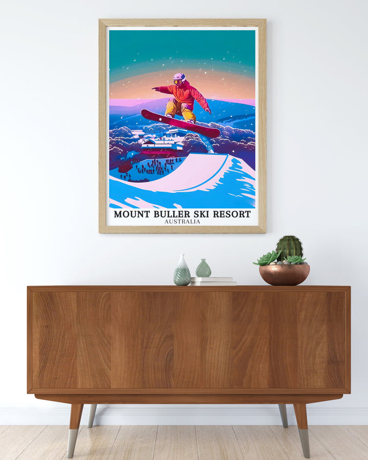 Mt Buller Wall Poster showcasing the thrilling slopes and stunning scenery of Australias top ski destination. The poster captures the excitement of winter sports and the serene beauty of the snow covered mountains, making it a great addition to any space celebrating the outdoors.