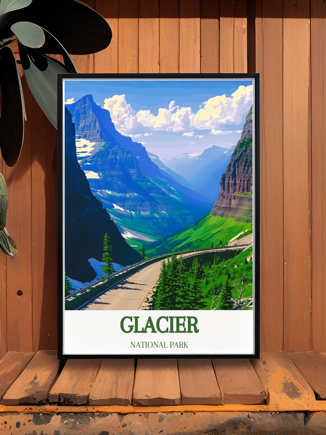 Highlighting the scenic beauty of Going to the Sun Road, this travel poster showcases the roads dramatic curves and breathtaking vistas. Perfect for road trip enthusiasts, this artwork captures the essence of one of the worlds most scenic drives.