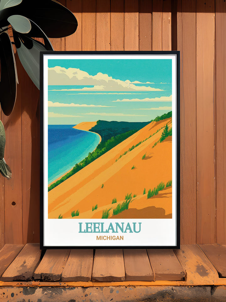 Leelanau Art Print highlighting the vibrant landscapes and serene beauty of Michigans Sleeping Bear Dunes. This print captures the essence of Michigans coastal wonders, making it an ideal choice for anyone looking to celebrate the natural beauty of the Leelanau Peninsula in their decor.