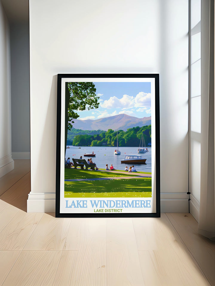 The Lake Windermere Travel Print offers a breathtaking view of one of Englands most iconic lakes. Paired with the scenic beauty of Fell Foot Park, this artwork is perfect for those who appreciate the tranquility of the Lake District and want to bring it into their living space.