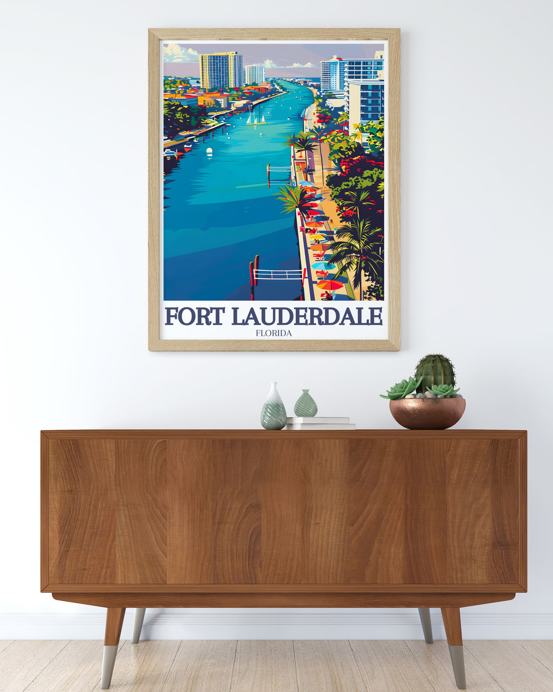 Lauderdale Travel Poster depicting the energetic beach culture and the scenic beauty of Fort Lauderdale, an ideal piece for travel lovers and home decorators alike.