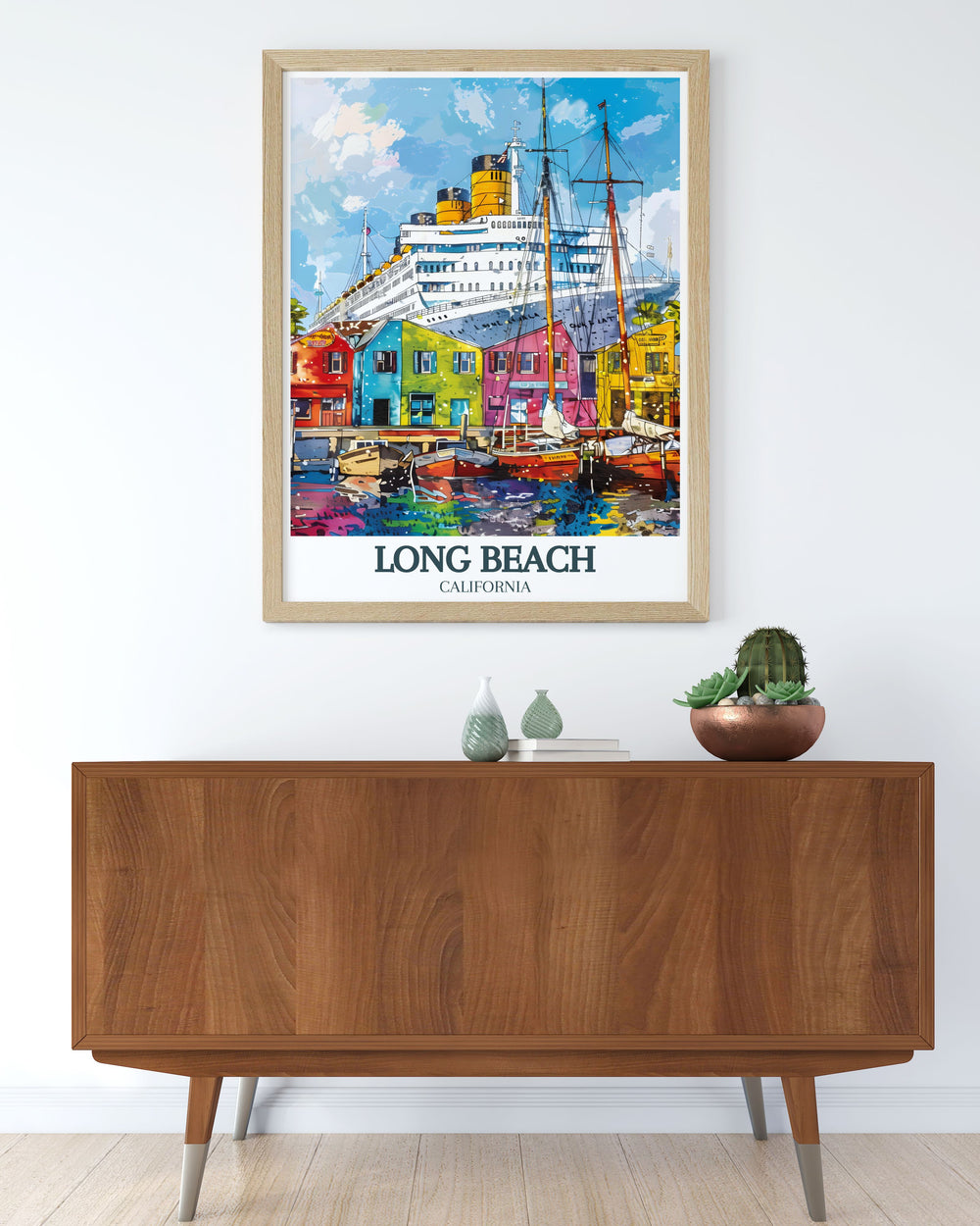 Queen Mary and Shoreline Village modern prints showcase the beauty of Long Beach in a bold color palette. This travel poster print is perfect for personalized gifts or unique home decor, offering a stylish representation of the Long Beach skyline and city map.