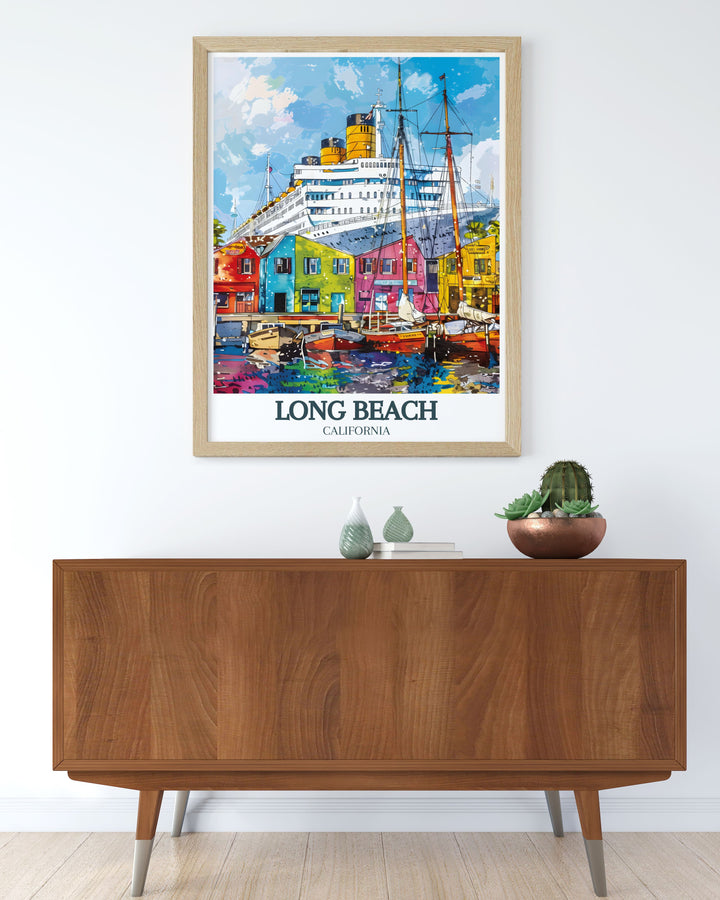 Queen Mary and Shoreline Village modern prints showcase the beauty of Long Beach in a bold color palette. This travel poster print is perfect for personalized gifts or unique home decor, offering a stylish representation of the Long Beach skyline and city map.