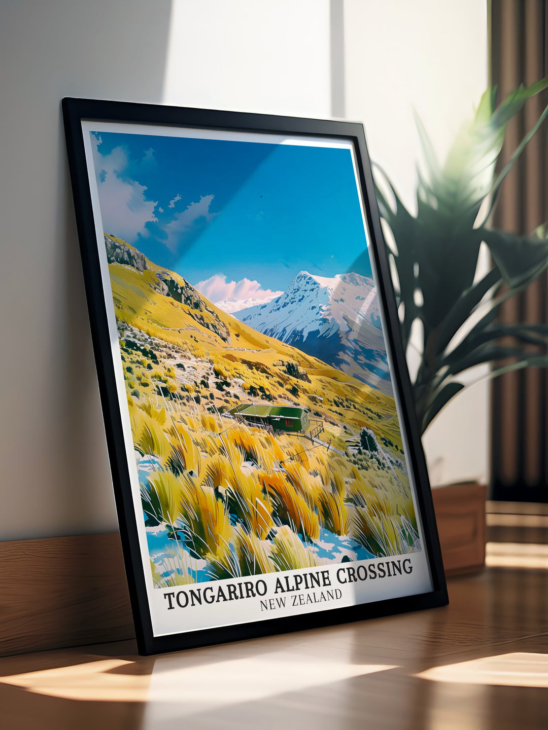 Tongariro Alpine Crossing poster print showcasing New Zealands most iconic hiking trail, with its volcanic landscape and rugged beauty. The print highlights the stunning natural terrain, making it the perfect addition to any outdoor enthusiasts decor.