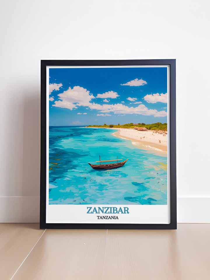 Unique Nungwi Beach vintage print illustrating the breathtaking landscapes and vibrant colors of Zanzibar ideal for adding a touch of elegance and history to your home decor with timeless artwork that captures the beauty of the beach.