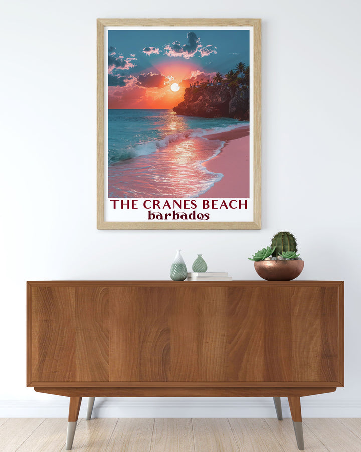 Caribbean travel poster featuring the picturesque scenes of The Crane Beach, Barbados, bringing the tranquil ambiance of this renowned Caribbean destination into your home.
