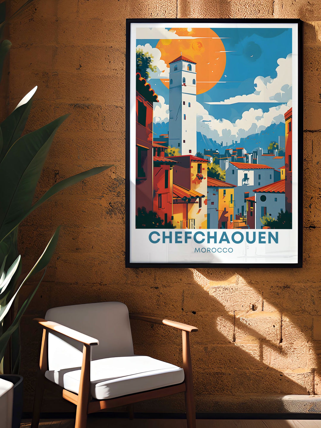 The vibrant Medina of Chefchaouen is showcased in this travel print, highlighting the unique blue hues that make the town famous. This poster artfully depicts the Blue Medina of Chefchaouen, offering a perfect blend of Moroccan culture and natural beauty for your wall.