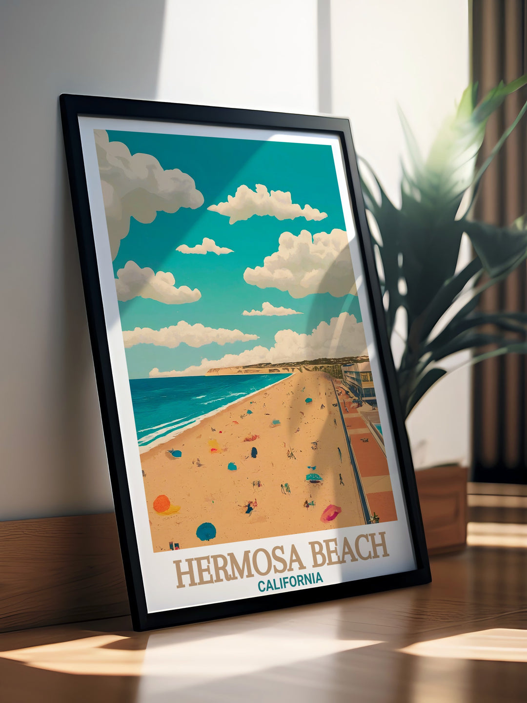 Hermosa Beach in all its glory, with The Strand captured in vibrant detail. This art print is perfect for adding a touch of Southern Californias charm to any space, featuring a stunning representation of the iconic beachside walkway.