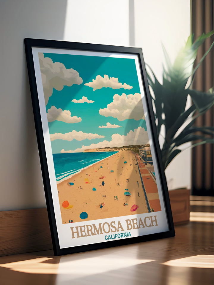 Hermosa Beach in all its glory, with The Strand captured in vibrant detail. This art print is perfect for adding a touch of Southern Californias charm to any space, featuring a stunning representation of the iconic beachside walkway.