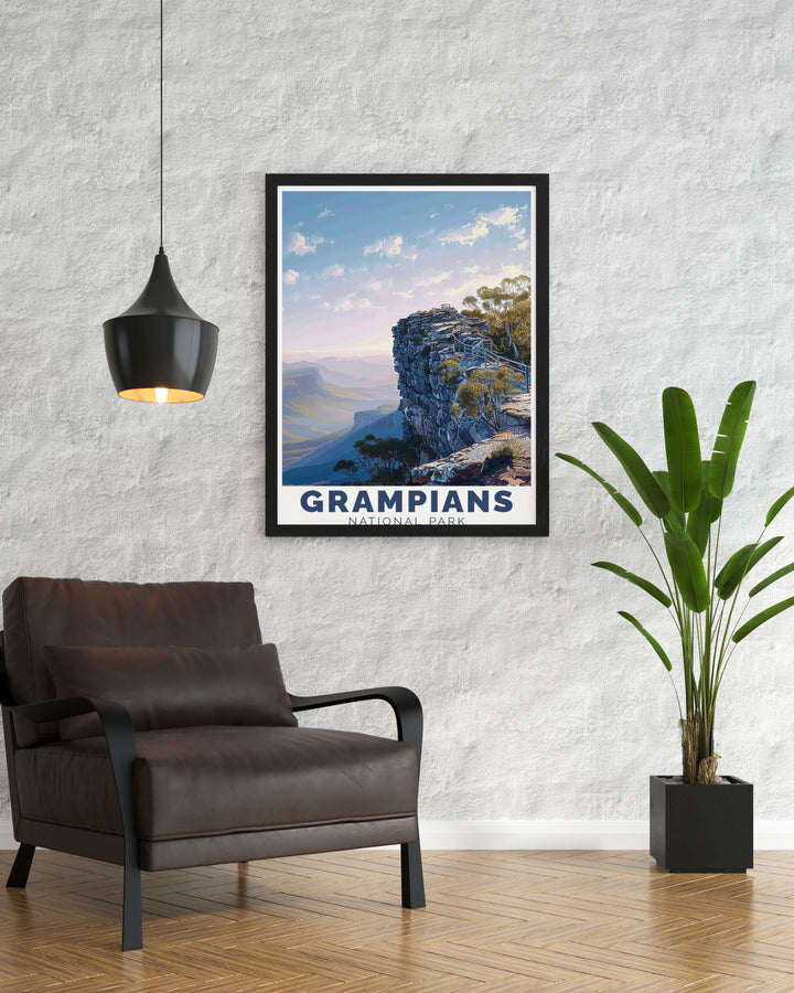 Our Australia canvas art highlights the majestic landscapes of the Grampians National Park, specifically The Pinnacle. This canvas brings to life the sweeping vistas and dramatic rock formations that make the park such a sought after destination. The vibrant colors and intricate details make it an ideal gift or home decor.