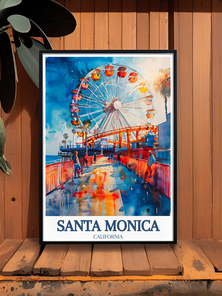 This travel poster features Pacific Park, highlighting its exciting rides, world famous Ferris wheel, and stunning ocean views. Ideal for bringing the playful spirit of Santa Monica into your home.
