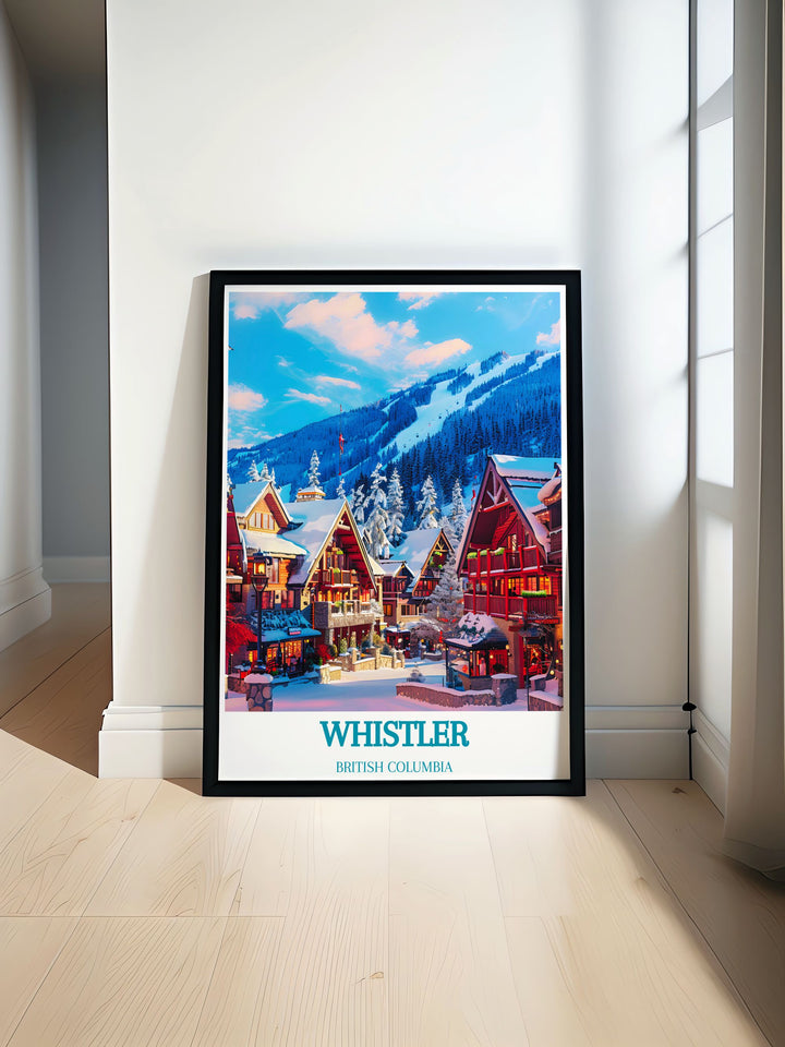 Detailed fine art print showcasing the vibrant energy of Whistler Village in British Columbia. This piece highlights the bustling pedestrian only streets, charming shops, and beautiful architecture, perfect for capturing the spirit of this iconic alpine destination.
