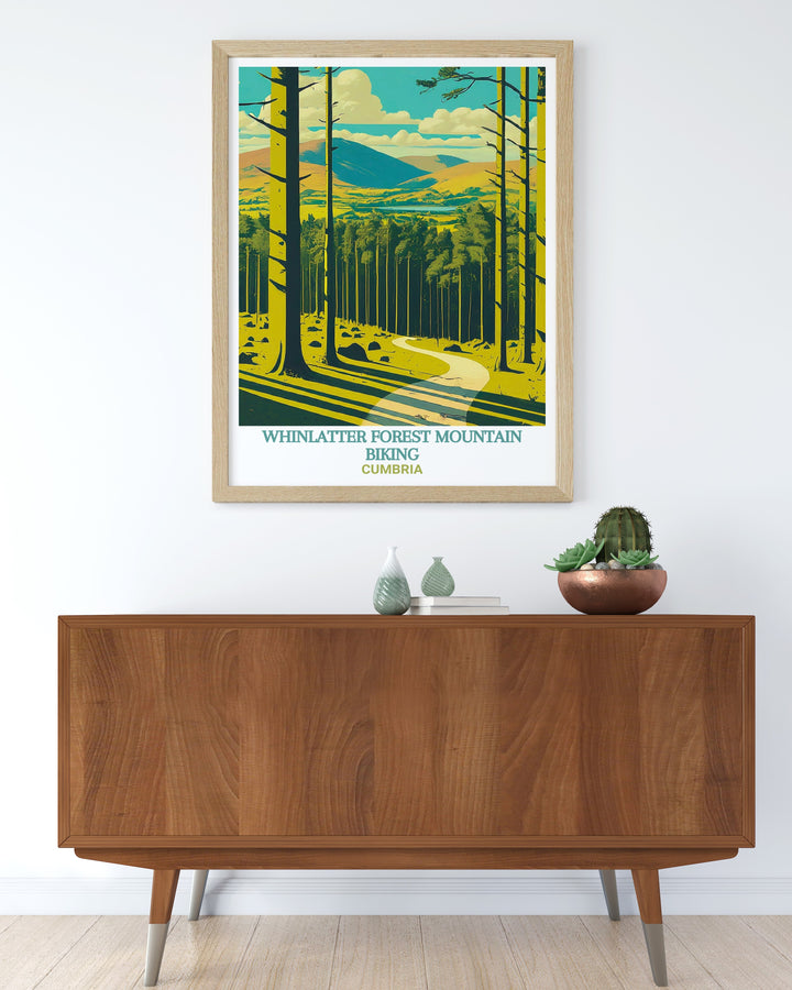 Whinlatter Forest poster print captures the beauty of Englands only mountain forest, a favorite destination for mountain bikers and nature lovers. Featuring the rugged trails and scenic vistas of Cumbrias Lake District, this artwork brings the spirit of adventure into any space.