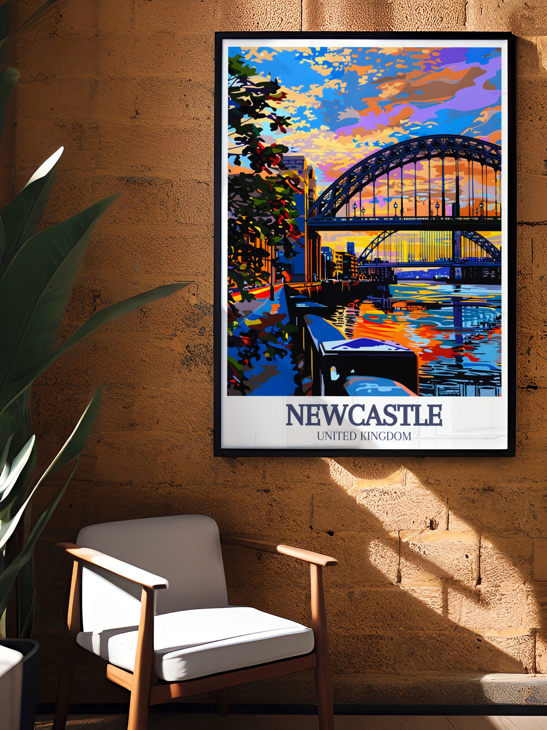 This Newcastle travel poster showcases the famous Tyne Bridge and the scenic Quayside District in a stunning canvas print. The detailed wall poster is perfect for adding a modern yet timeless touch to your home decor or as a unique travel gift for art lovers.