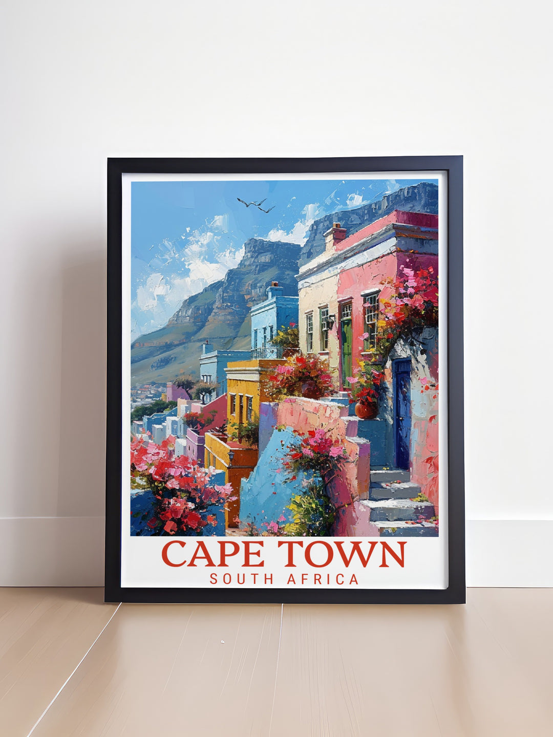 Retro Bo Kaap modern prints with bold colors complement the stunning backdrop of Table Mountain. This artwork is a must have for anyone looking to bring the charm of Cape Town and its National Park into their home with a stylish travel inspired print.