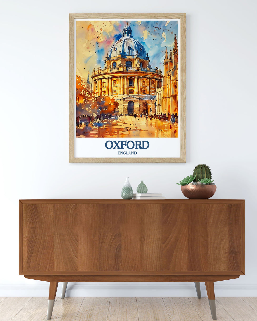 Modern Oxford travel print featuring the iconic Radcliffe Camera and Bodleian Library ideal for sophisticated home decor and Oxfordshire gift ideas