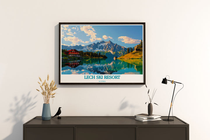 Stunning Zursersee Lake modern decor piece capturing the serene charm of Austrias alpine lake. This print features the calm and picturesque scenery of Zursersee Lake, making it an excellent choice for enhancing your living space with elegant and timeless art.