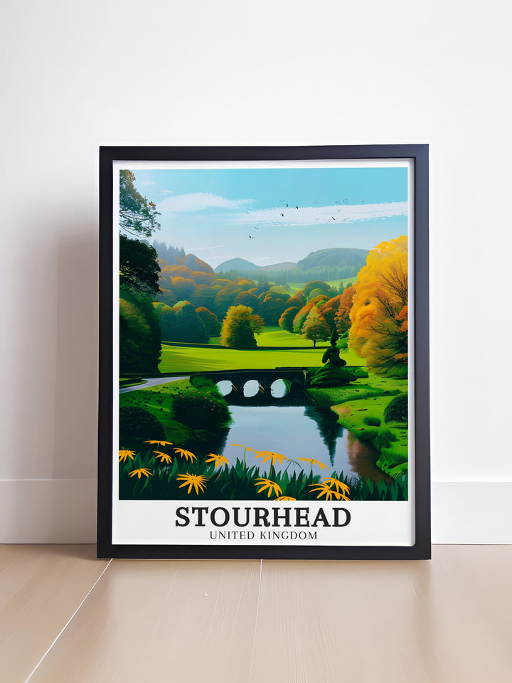 Stourhead Travel Poster featuring the picturesque Palladian Bridge, a masterpiece of landscape architecture set in one of the UKs most treasured gardens, ideal for art lovers and garden enthusiasts alike.