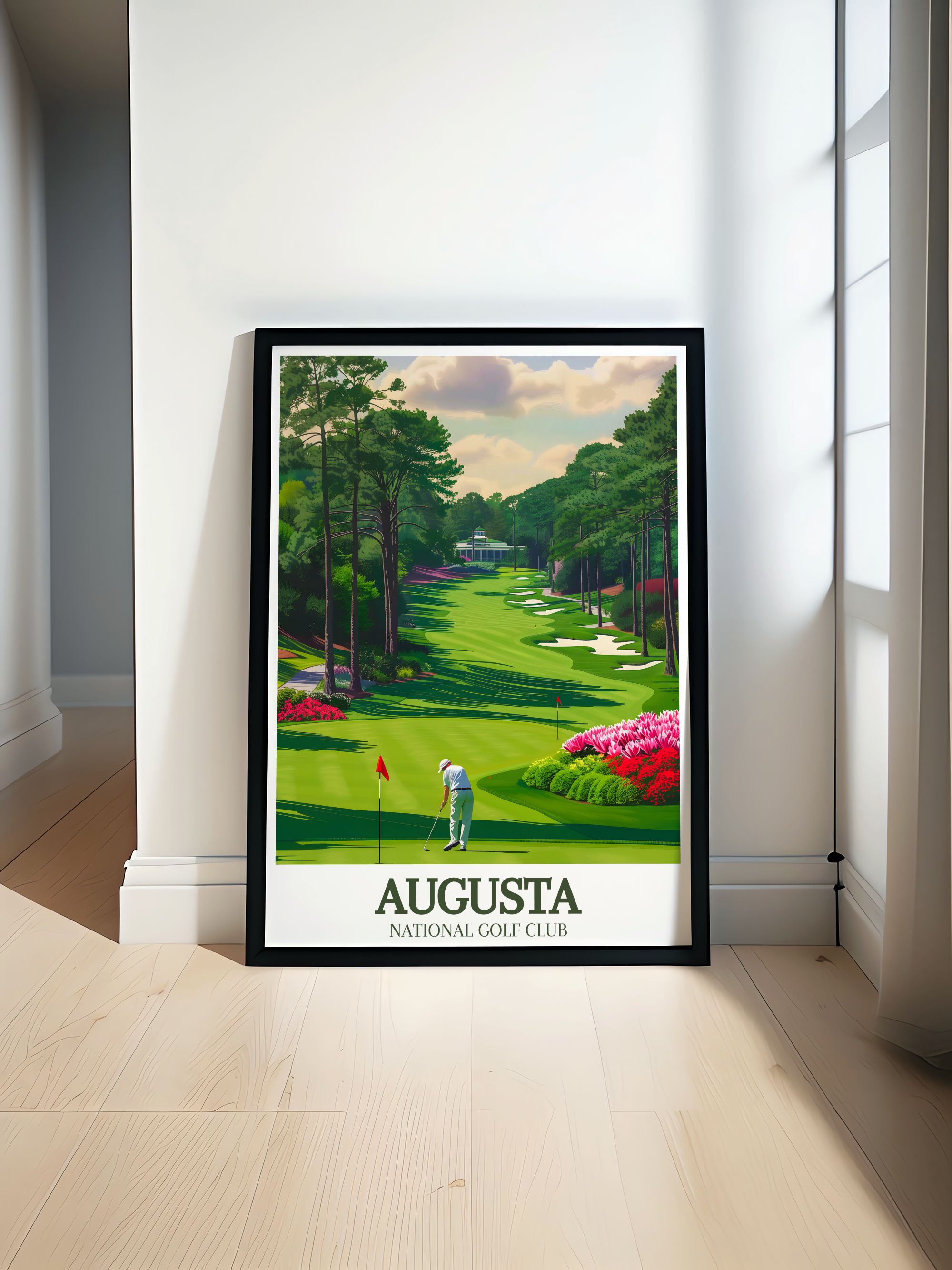 Classic framed golf course posters showcasing iconic fairways and championship golf artwork perfect for elegant golf room wall decor