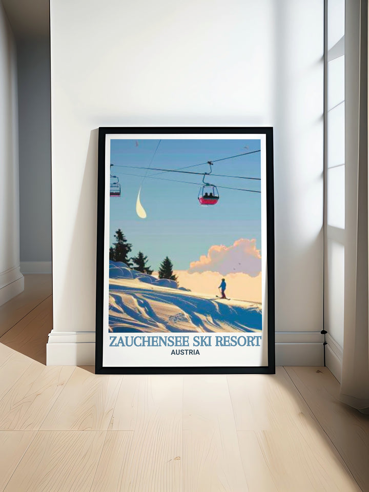 Zauchensee Ski Resort Poster Print featuring snowy peaks and alpine charm with El Capitan and Yosemite Falls in the background showcasing vintage skiing style