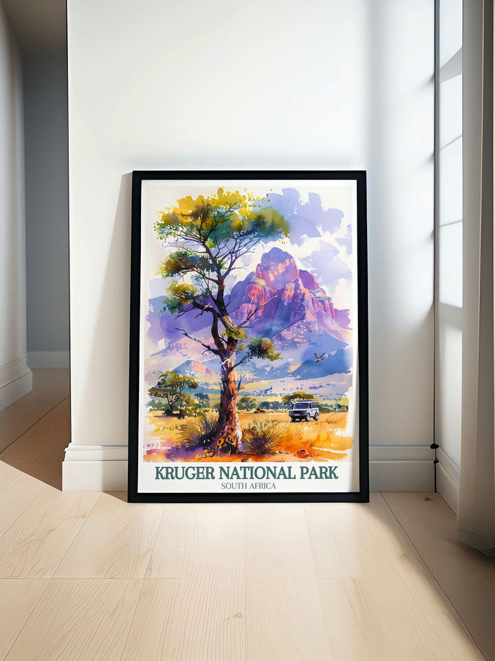 The picturesque Kruger National Park, known for its diverse wildlife and vast landscapes, is highlighted in this travel poster. Perfect for those who appreciate natural wonders, this artwork captures the charm of Africas famous park.