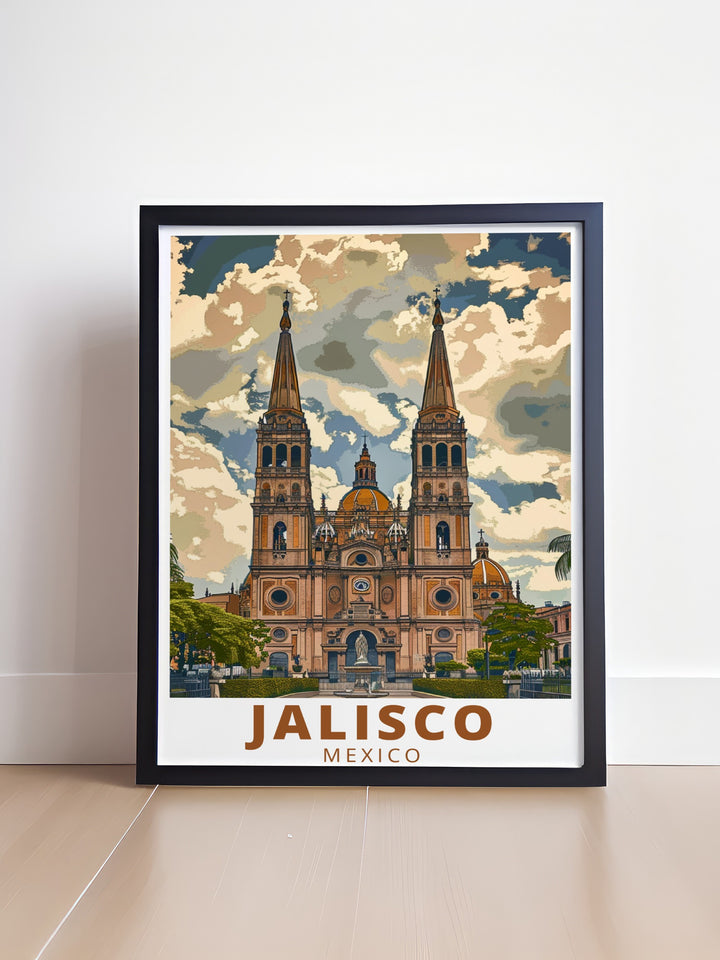 Featuring Jaliscos famed Guadalajara Cathedral, this vintage poster brings the energy of Mexico into any space. The colorful palette and intricate design make it a unique art print, perfect for travel lovers, history buffs, and art enthusiasts alike.