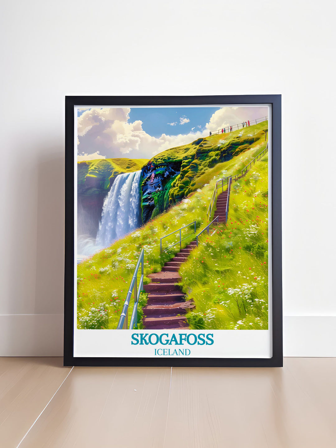 Immerse yourself in the breathtaking vistas of Skogafoss with this travel poster, featuring the dramatic waterfall and the adventurous trail that leads to the top.