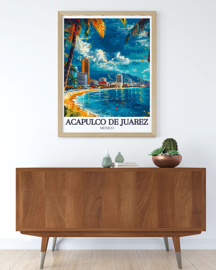 Explore the vibrant culture and scenic beauty of Acapulco de Juárez with this travel poster, showcasing Playa Condesa, Acapulco Bay, and Las Torres Gemelas.