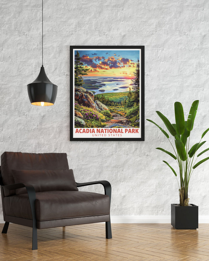 Cadillac Mountain is the centerpiece of this Acadia National Park travel print perfect for adding a touch of nature inspired art to your walls. Ideal for national park lovers and fans of retro travel posters.