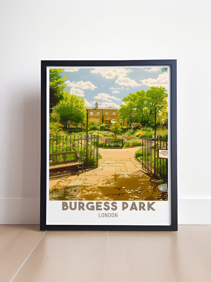 This London print showcases the picturesque Chumleigh Gardens and Café within Burgess Park, highlighting the beautiful landscape and the inviting ambiance of the café. The poster brings the charm of South East London into your home, ideal for art enthusiasts and London lovers alike.