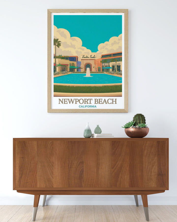 Newport Beach art print featuring Fashion Island is a stunning piece that celebrates the sophisticated charm of Californias coastline. This beautiful artwork is perfect for home decor, offering a daily reminder of the areas luxurious lifestyle and picturesque views.