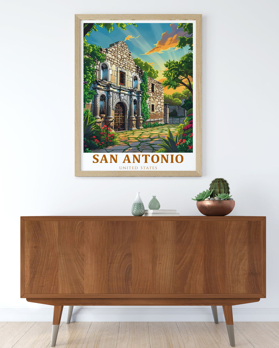 This San Antonio poster print features a stunning depiction of the historic Alamo, capturing the essence of Texas fight for independence. Perfect for history lovers or those with a connection to San Antonio, this travel print brings a touch of Texas charm to your home decor.