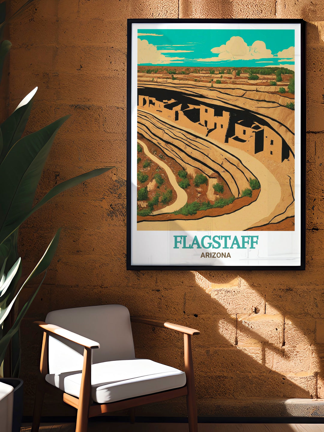 Colorful Flagstaff art print and Walnut Canyon National Monument modern decor are ideal for brightening up any home. With bold colors and detailed fine lines this print offers the perfect blend of urban charm and breathtaking landscapes.