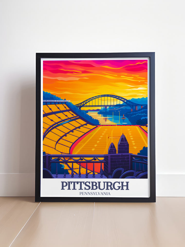 Enhance your living space with a Pittsburgh poster that features Fort Pitt Bridge and Heinz Field. This modern print adds a layer of depth and vibrancy to your home decor making it a captivating focal point in any room.