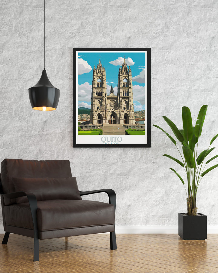 Quito Poster Print featuring the iconic Basílica del Voto Nacional, one of the largest neo Gothic basilicas in South America. This travel print captures the historical essence of Quito, Ecuadors capital, making it a perfect addition to your travel inspired decor.