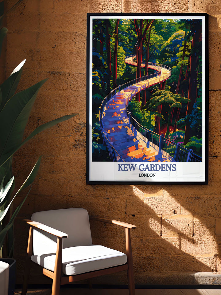 Highlighting the serene beauty of Kew Gardens, this travel poster captures its majestic landscapes and rich botanical heritage. Perfect for those who appreciate unique horticultural displays, this artwork brings the essence of England into your home.