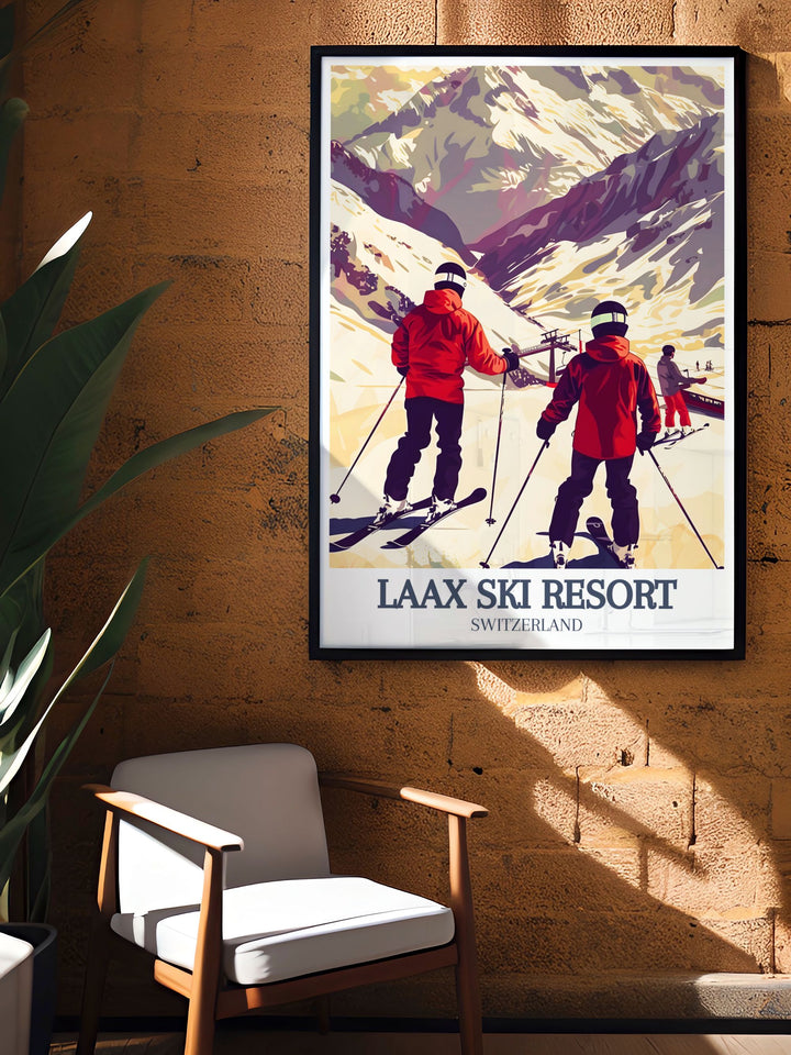 Capture the thrill of winter sports with this Laax Swiss Print highlighting Crap Masegn and the Flims Laax Falera ski resort ideal for snowboarding and skiing lovers wanting to bring the alpine lifestyle into their home.