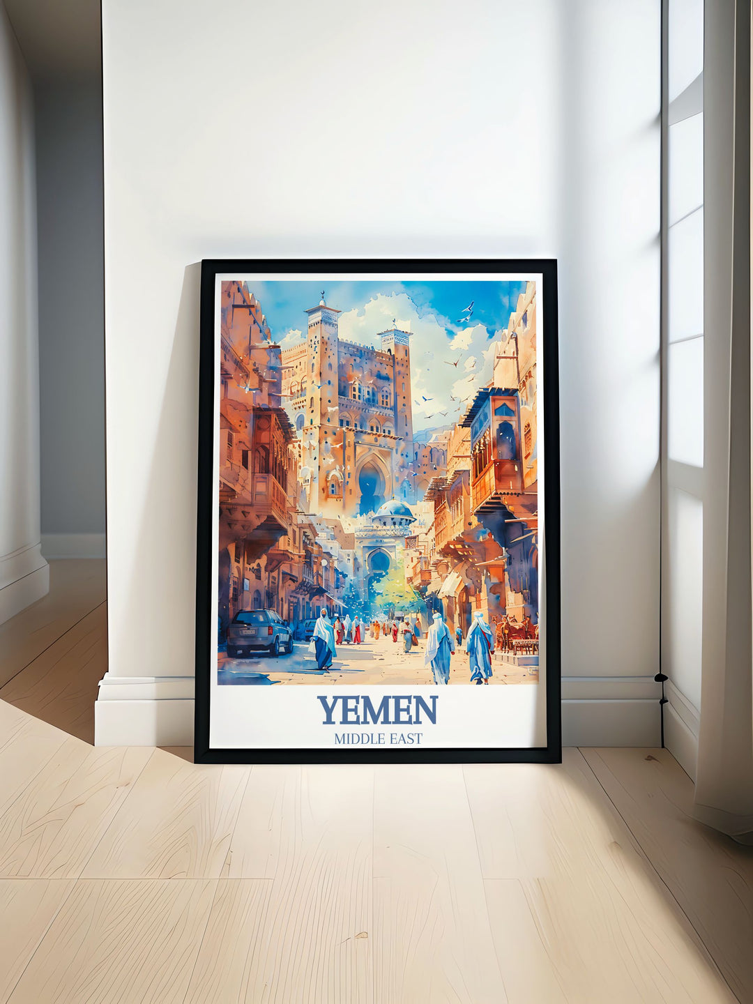 Discover the charm of Sanaa with this Yemen Poster featuring Al Jami al Kabir mosque and Bab Al Yaman available as a digital download perfect for home decor and gifts