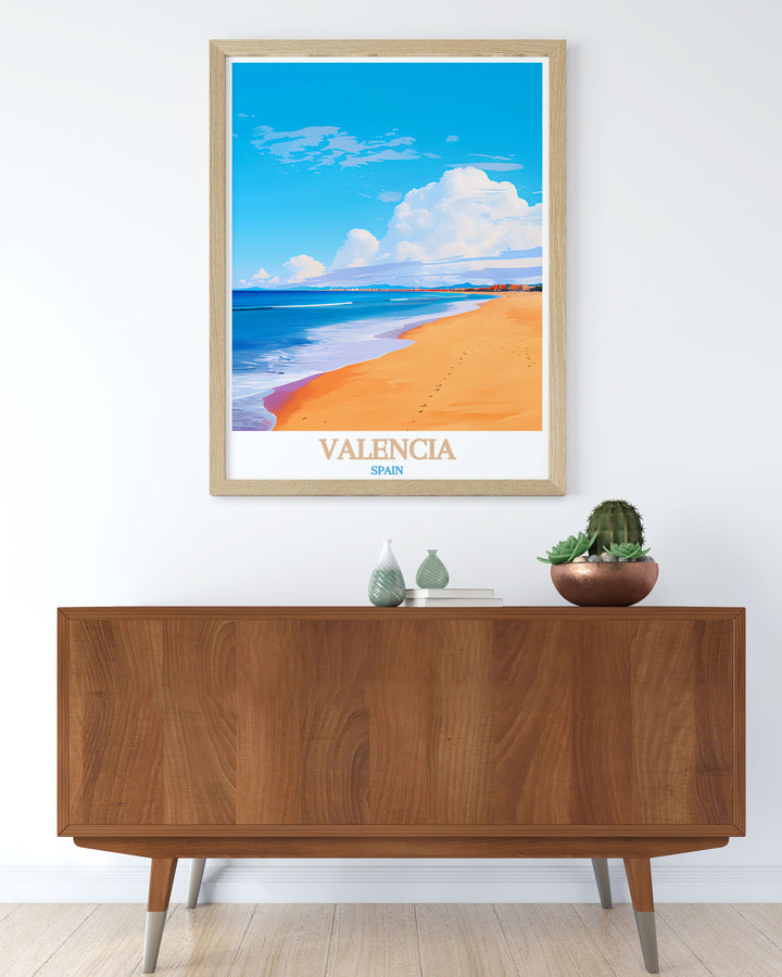 Enhance your home with Valencia poster showcasing Malvarrosa Beach beautiful modern decor print ideal for elevating your living space and creating stunning living room decor with a touch of charm