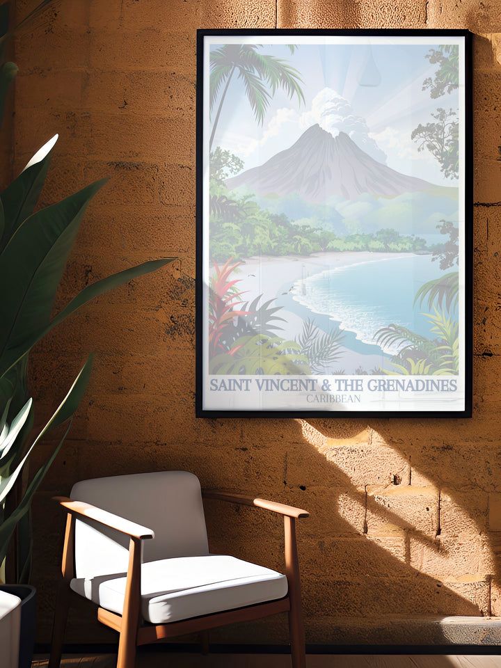 Featuring La Soufrière Volcano in all its glory, this travel print of Saint Vincent brings the islands rugged terrain to life. With vibrant colors and a serene composition, this artwork offers a stunning tribute to the beauty of the Caribbean islands.