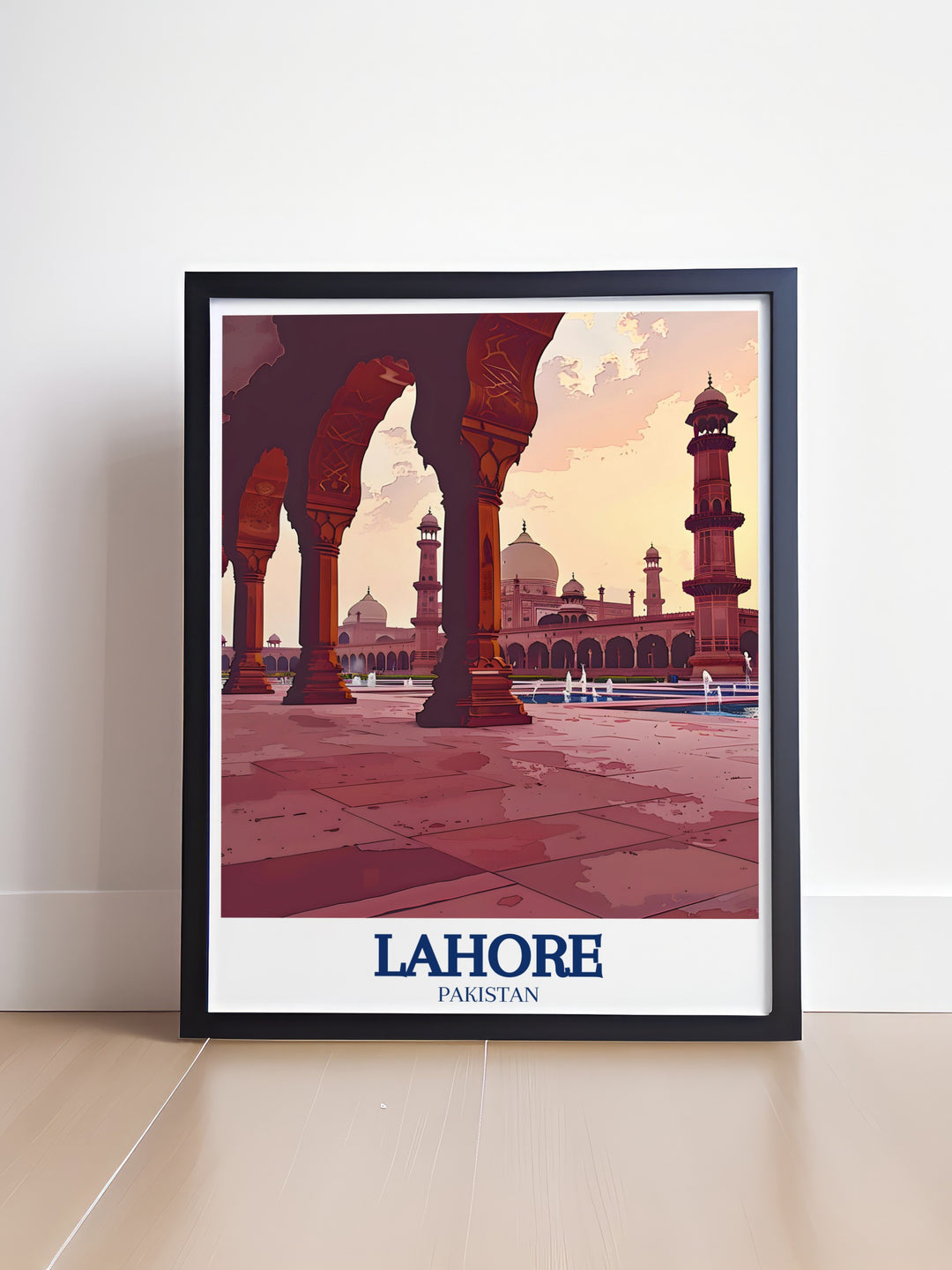 Experience the peaceful ambiance of Shalimar Gardens through this travel poster, which artistically renders the gardens lush terraces, water channels, and iconic pavilions, a perfect addition for creating a calming and historically enriched atmosphere in any room.