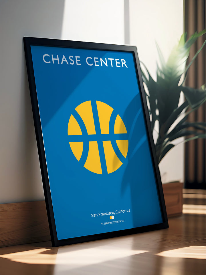 Stunning Chase Center NBA Art Print highlighting the vibrant energy of the Golden State Warriors home court in San Francisco perfect for fans looking to add a dynamic piece of art to their collection or as a special gift for boys and sports lovers.