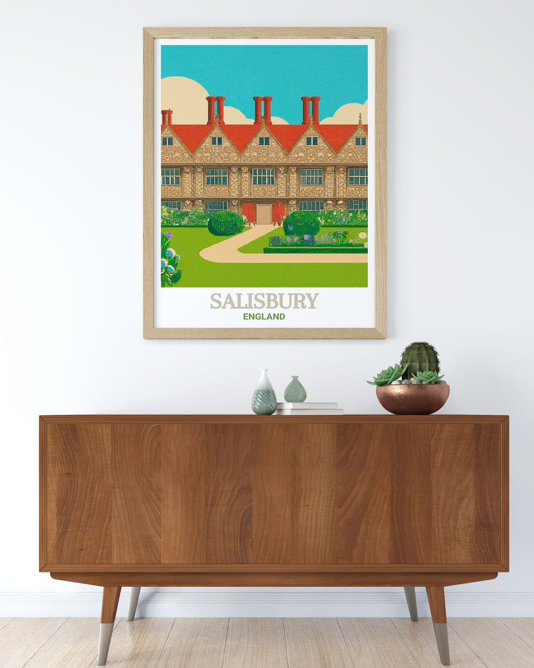 Travel print of Salisbury and Mompesson House, showcasing the beautiful Georgian architecture and serene landscapes of England. Perfect for adding a touch of the UKs heritage to your walls.