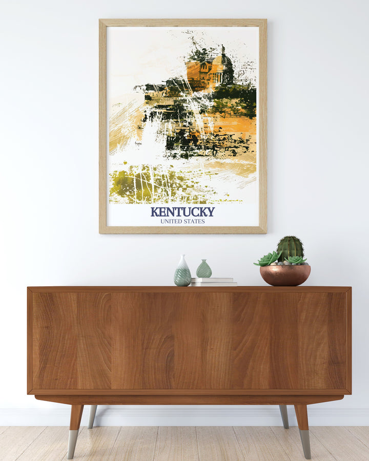 This Kentucky poster print beautifully showcases the natural beauty of Cumberland Falls, known as the Niagara of the South, along with the architectural elegance of the Capitol Rotunda. Perfect for Kentucky lovers and those who appreciate the states cultural history.