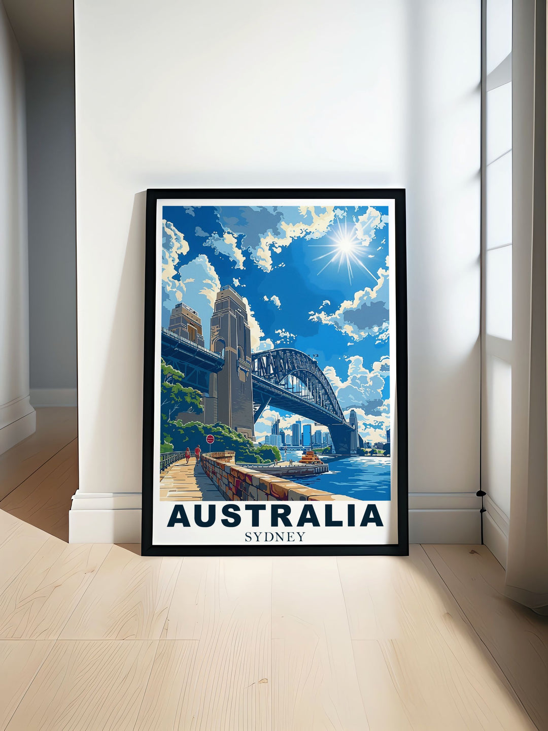 The charm of Sydney Harbor Bridge, with its iconic structure and sweeping views, is brought to life in this poster, offering a piece of Sydneys allure for your home.