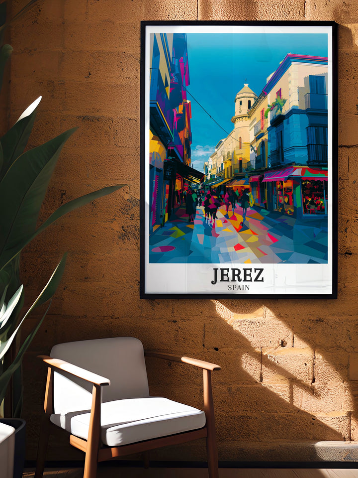 Calle Larga poster print highlighting the iconic street of Jerez, Andalusia. This travel poster showcases the architecture and bustling energy of one of Spains most beloved avenues. An ideal wall art piece for fans of Spanish culture and historical landmarks.